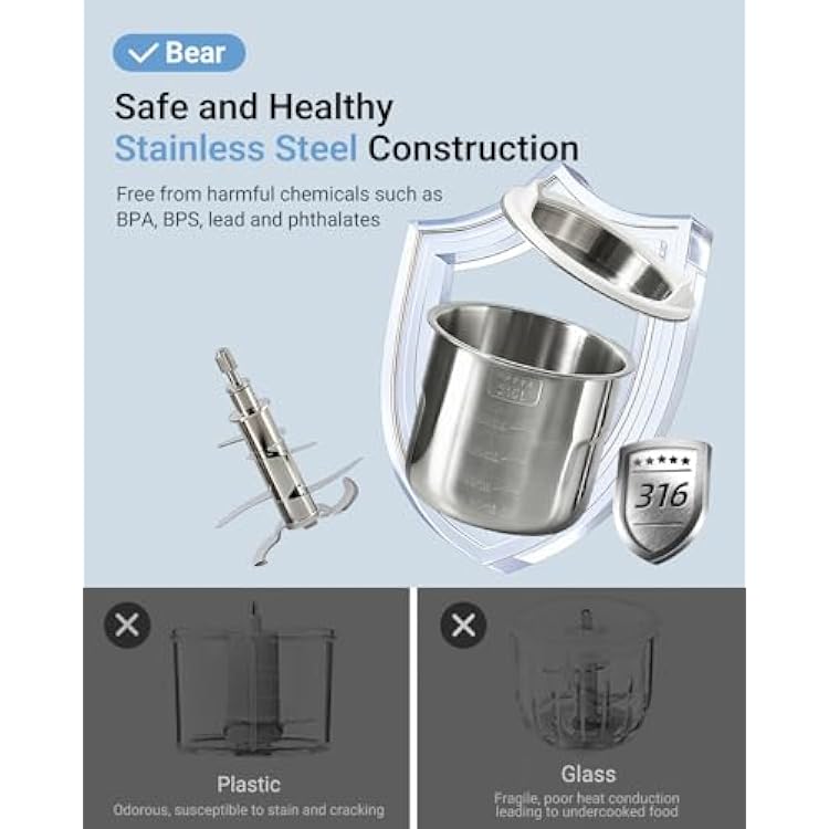 Bear NutriEase AllStage Stainless Steel Baby Food Maker Steamer and Blender, Truly OneStep Baby Food Processor Puree Maker Grinder Mills, Auto Cooking&Grinding for Healthy Homemade Baby Food, BPA-Free