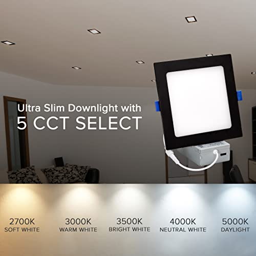 Maxxima 6 In. Square Ultra Thin Recessed Led Downlight 1000 Lumens, Black Trim, Color Selectable 2700K/3000K/3500K/4000K/5000K, Canless Ic Rated, Slim, Dimmable, J-Box Included #TOP3