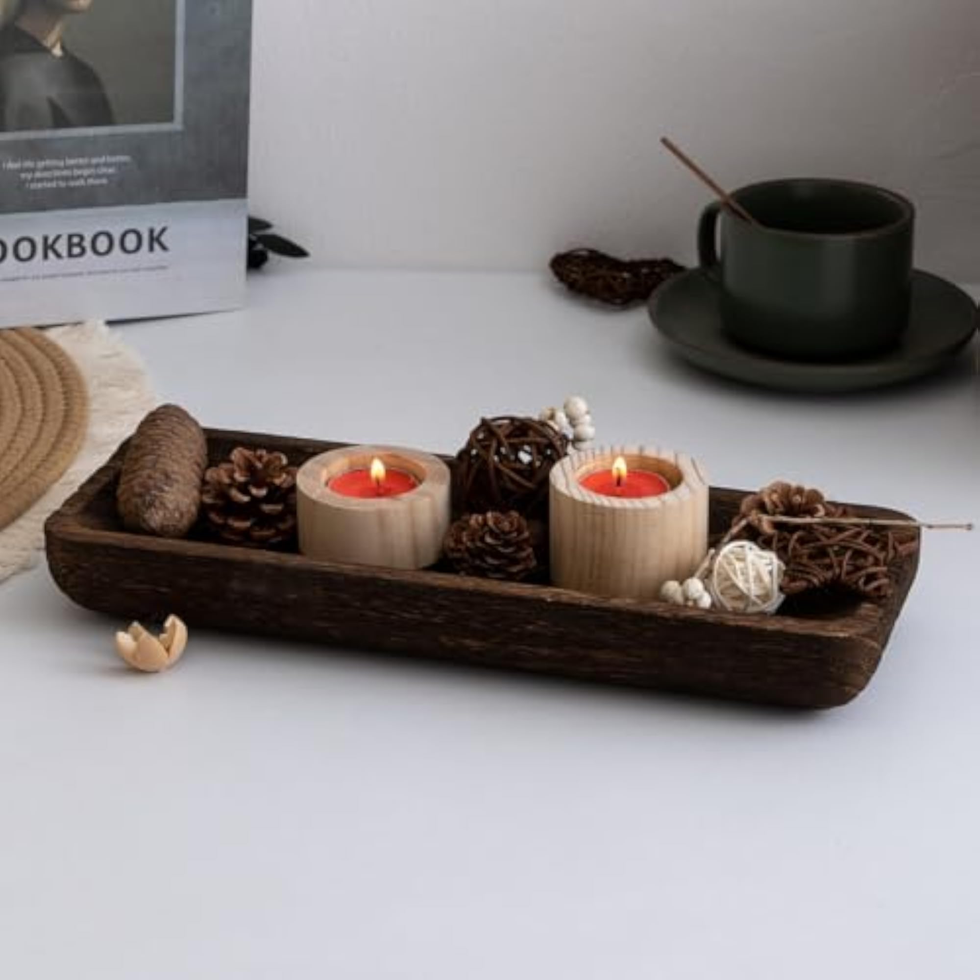 Burnished Rectangular Wooden Tray, Decorative Tabletop Accent