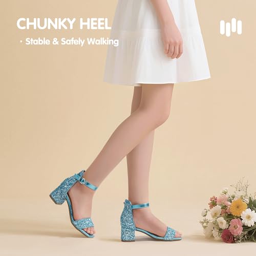 Image of Hehainom Girls Dress Shoes Heels Sandals Little Big Kids Square-Toe Ankle Strap Wedding Party Flower Girls Shoes