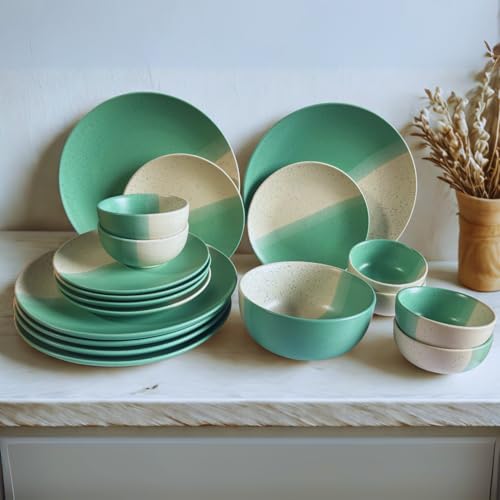Image of Freakway 19-Piece Ceramic Dinnerware Set | 6 Dinner Plates, 6 Quarter Plates, 6 Bowls & 1 Large Serving Bowl | Dual Mint Green and Beige Color Speckled Design