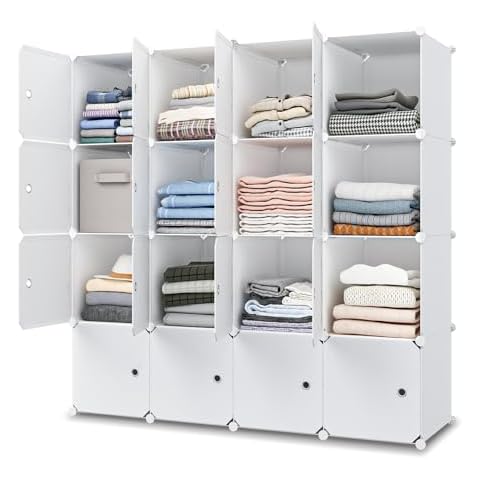 MAGINELS Large Cube Storage Organizer with Doors -14"x18" Depth 16 Cube Organizer Shelves Clothes Dresser Closet Organizer Storage Cabinet Shelving Bookshelf, White… Cover