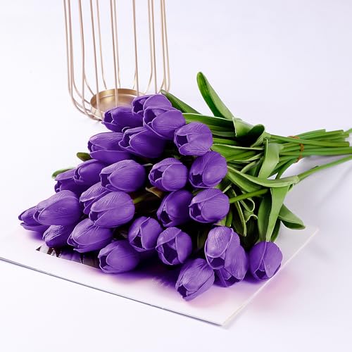 Image of Sggvecsy 15 Pcs Fake Tulips Artificial Flowers Real Touch PU Faux Flowers Tulip Stems for Wedding Spring Bouquet Floral Arrangement Home Party Office Decorations for Mother's Day (Purple)