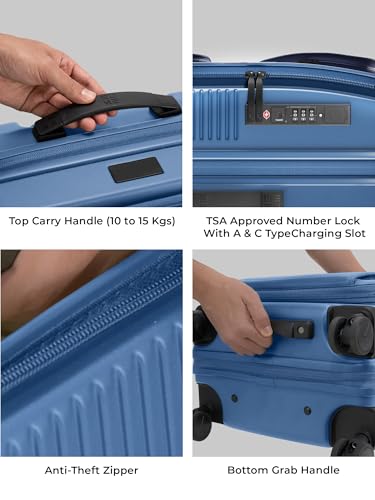 Image of EUME Aerotop Cabin Trolley Bag Small | Top Open Suitcase | Expandable Hard Polycarbonate Luggage | TSA Lock, Anti Theft Zipper, Silent Wheels | 16 inch inch Laptop Holder + Charging Port | 50L Blue