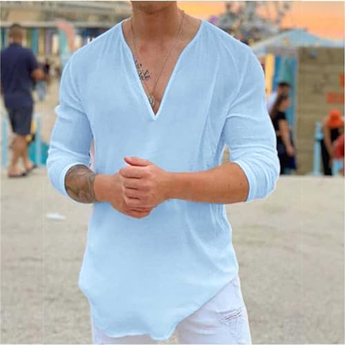 Mens Hawaiian V-Neck Shirt Casual Long Sleeve Solid Yoga Hippie Shirts Deep V Collar Basic Tees Soft Lightweight Top2