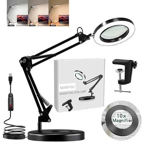 Magnifying Glass with Light and Stand, 10X Magnifying Lamp, 2-in-1 Magnifying Desk Lamp with Clamp, 3 Color Mode, Magnifying Glasses with Light for Close Work (Base ＆ Clamp)