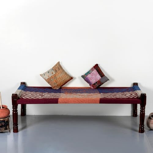Image of Solid Sheesham Wood Charpai Khat | Handcrafted Daybed Khatiya Charpai with Cotton Rope | Traditional Khat Bed Wooden Diwan Cot for Living Room | 6X3 Feet (Dori 17)