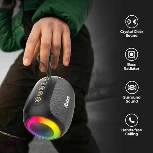 Image of Foxin Spark 10W Mini Bluetooth Speaker with RGB Light, 4Hrs Playtime, 360 Surround Sound, RGB Lights, Multi-Play Modes BT5.1 /TF Card, AUX, Type-C Charging Port, in-Built FM | 6cm Carry Loop