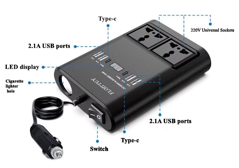 Image of Portable Car Power Inverter /Laptop Charger with LED Display | Car Socket to Plug Adapter | 12V DC to 220V AC Socket Converter | 4 USB+2 3Pin Plug+2 Type-C for Laptop,Mobile,Other(1)