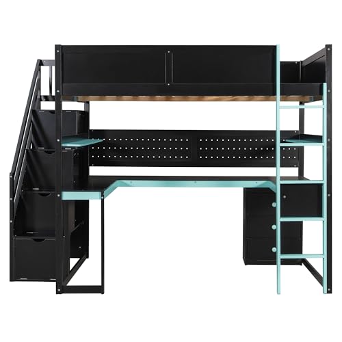 Image of Harper & Bright Designs Full Size Loft Bed with Desk and Storage Stairs, Shelves & Pegboard, Wooden Gaming Loft Bed Frame for Teens Adults Kids, Black+Blue