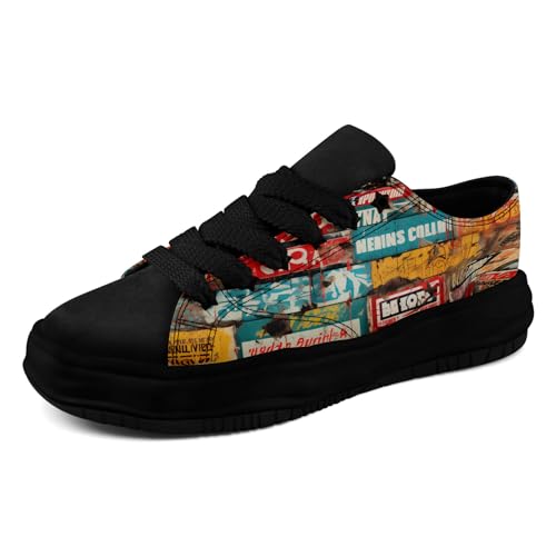 Mens Graffiti Canvas Sneakers Colorful Casual Low Top Lace-Up Canvas Shoes for Women Abstract Street Art Design