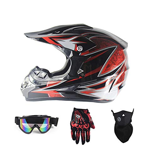SanQing Motorcycle Helmet,Motocross Helmet and MX Motocross (Gloves, Goggles, Mask, 4 Piece Set) Suitable for Adults, Children, Young Men and Women,Red,XL