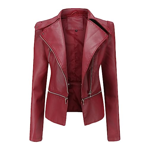 Veste de moto en cuir synthétique femme rouge vin manches longues