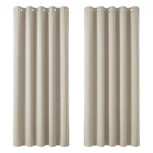 Image of Deconovo Super Soft Eyelet Curtains Thermal Insulated Ring Top Room Darkening Curtains for Bedroom 66 x 90 Inch Light Beige 2 Panels