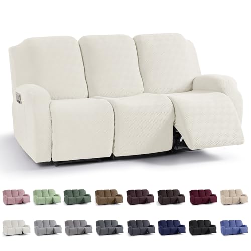 Image of KinCam Recliner Covers, Stretch Reclining Chair Covers, Recliner Sofa Slipcovers Stripe Jacquard Recliner Couch Covers Furniture Protector Covers for Pet Kid (3 Seater, Cream)