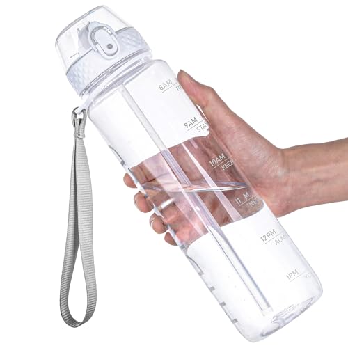 GOPPUS Water Bottles Clear Water Bottle with Straw 32oz Plastic Water Bottles BPA Free Tritan Wide Mouth Bottle Leakproof Motivational bottles water for Gym,Hiking,School or Office(1 Bottles)