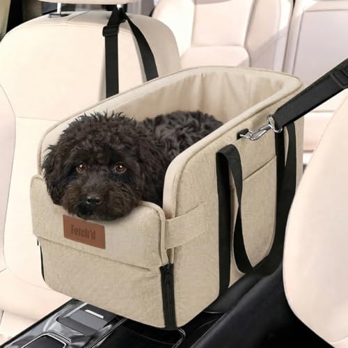 Fetchd Center Console Dog Car Seat - Secure Armrest Booster for Small Pets - Interactive Auto Travel Carrier with Safety Tether for Cars & SUVs - V2 Model 18.9 x 10.2 x 9.5