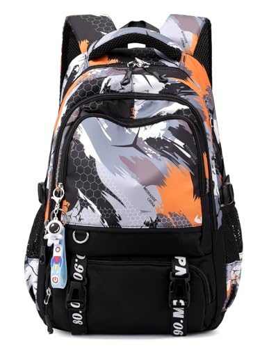 Tanou Zaino Scuola Media e Superiore, Zaini Ragazzo da Mimetica per Adolescenti 12-19 anni, Zaino Casual per Ragazzi di Grande Capacità in Nylon per la Scuola Viaggio, Nero/Arancio