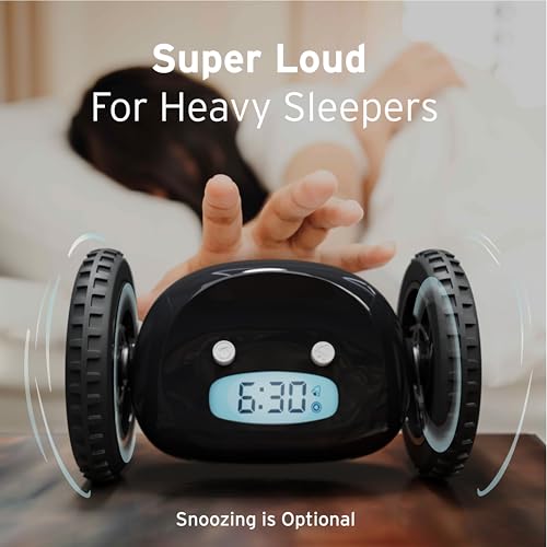 Image of CLOCKY Alarm Clock on Wheels - Loud Rolling Alarm Clock for Heavy Sleepers | Runaway Clock that Jumps & Runs to Wake You Up | Funny Unique Gift for Adults, Teens & Kids Bedrooms (Black Wheels)