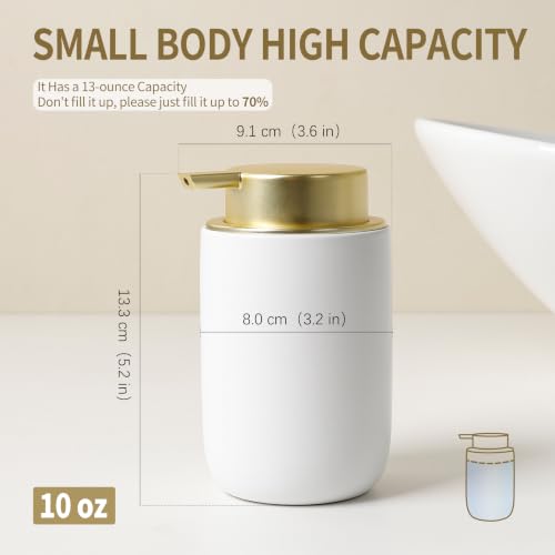 Image of BosilunLife Lotion Pump Dispenser for Bathroom, Kitchen, Countertop | Hand Soap Dispenser Bathroom Ceramic Dish Liquid Soap Dispenser (White with Gold, Liquid Pump)