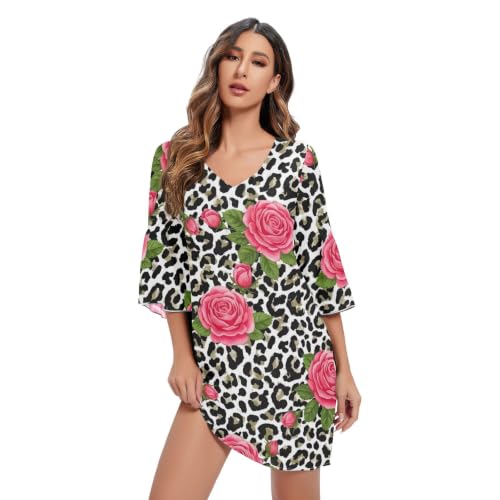 Robe imprimé plage léopard noir et blanc avec manches et touches florales roses