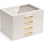 VLANDO White Jewellery Box with Glass Lid, 4-Tier Jewellery Organiser, Jewellery Storage with 4 Drawers for Watches,Sunglasses, Mothers Day Gifts, For Ring, Necklace, Earring, Bracelet, Beige