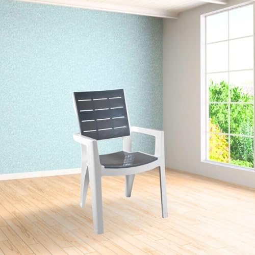 Image of ITALICA Designer Series Comfortable Plastic Arm Chair /Double Insert Stackable Chair for Home, Office /Plastic Chair /Sturdy & Durable Chair /Indoor and Outdoor (White and Grey, Set 1)