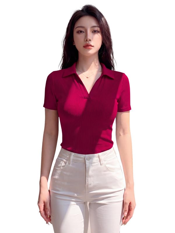 Women's Ribbed Polo T-Shirt Stretch Polyester Casual Solid Collared V Neck Short Sleeve Slim Fit Top-picture-49