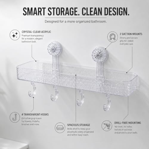 Image of UNTERI-PRO Acrylic Set of 1 Wall Mounted Bathroom Shelf Organizer| Shower Caddy with Hooks, Multipurpose Shower Storage Rack for Shampoo, Soap, Bottles, Towels & Bathroom Accessories