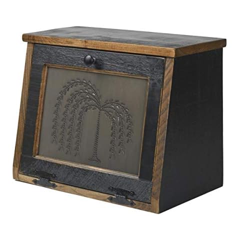 Amish Valley Products Rustic Wood Bread Box Large Kitchen Counter Storage Punched Willow Tin Primitive décor Interior Shelf Wooden Country Farmhouse Breadbox (Antique Black) Cover