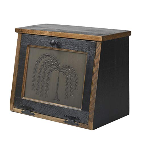 AMISH VALLEY PRODUCTS Rustic Wood Bread Box Large Kitchen Counter Storage Punched Willow Tin Primitive décor Interior Shelf Wooden Country Farmhouse Breadbox (Antique Black)