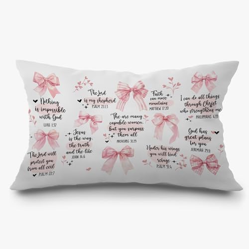 Exqcom Pink Coquette Bow Christian Pillow Covers, Bible Gifts for Women, Coquette Preppy Room Decor, Christian Pillow, Bible Verse Decor, Bible Pillow Cover 12x20 Inch