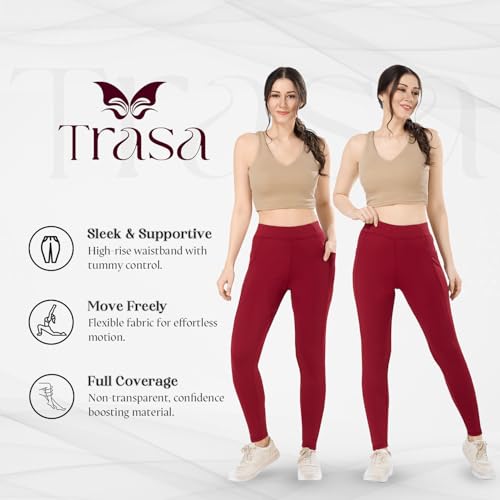 Image of TRASA Active Yoga Pants for Womens Gym High Waist with 3 Pockets, Tummy Control, Workout Pants 4 Way Stretch Yoga Leggings, Sizes - M,L,XL,2XL,3XL