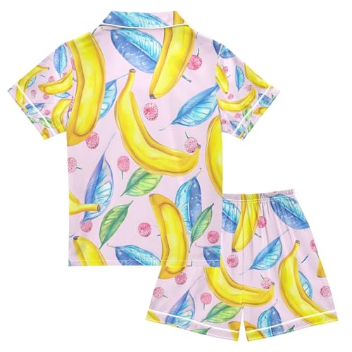 senya Crayon Banana Leaf Satin Summer Pajama Sets Silk Short Sleeve Button Down Sleepwear2