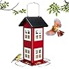 Veehoo Bird House Feeders for Outdoors Hanging Metal Wild Bird House Feeders with 4 Ports Country House Design Garden Yard Decor Hanging Bird Feeder for Outside Large Capacity Red
