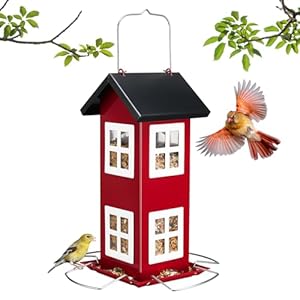 Veehoo Bird House Feeders for Outdoors Hanging-Metal Wild Bird House Feeders with 4 Ports, Country House Design, Garden Yard Decor Hanging Bird Feeder for Outside, Large Capacity, Red Veehoo Bird House Feeders for Outdoors Hanging Metal Wild Bird House Feeders with 4 Ports Country House Design Garden Yard Decor Hanging Bird Feeder for Outside Large Capacity Red