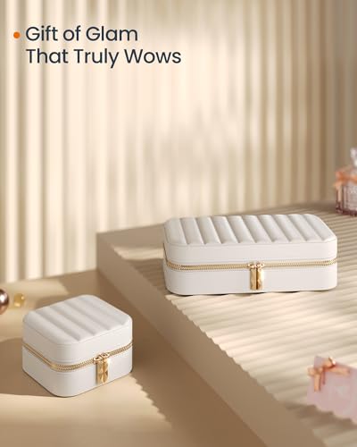 Image of SONGMICS HOME Travel Jewelry Case with Mirror, Stitching, Portable | Jewelry box organizer, 4.1 x 4.1 x 2.4 Inches, Gift Idea, Cloud White, UJBC179W01