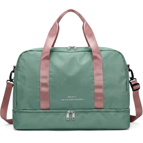 Bolsa de Viagem com Compartimento para Sapatos, Alça Transversal, Mala Esportiva para Academia e Viagens (Verde Menta Escuro com Rosê)