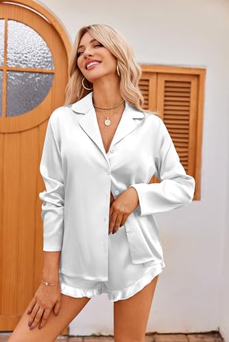 Image of Ekouaer Womens Satin Pajama Sets Long Sleeve Top and Shorts Lounge Set Button Down Sleepwear