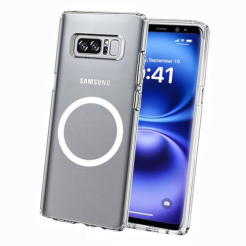 Rinboqe Clear Magnetic Phone Case for Samsung Galaxy Note 8, 6.3-Inch Shockproof Military-Grade Heavy Duty Protection Crystal Transparent TPU PC Cover Bumper Slim Fit Wireless Charging Compatible