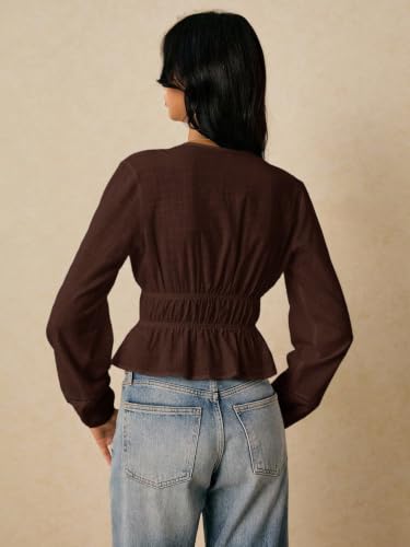 Image of Shasmi Women's Solid Deep V Neck Cotton Long Bishop Sleeve Drawstring Waist Ruffle Hem Peplum Top | Blouse | Casual Boho Cottagecore Shirt for Office, Vacation & Daily (Top 304)