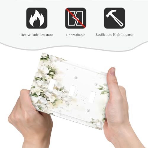 Decorative Switch Plate Covers Rustic Ink Green Leaves White Florals Flower 3 Gang Light Switch Cover Plate Triple Toggle Wall Plate Light Switch Covers for Bedroom Home Decor