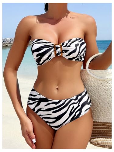 SHENHE Women's 2 Piece Bandeau Swimsuit Zebra Print Mid Waisted Strapless Bikini Set4