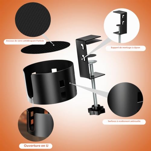 OOKUU Grande pince de porte-gobelet de bureau, porte-gobelet de table, en métal, universel, pour le bureau et les jeux, convient pour tasses, bouteilles et stylos (noir) – vue 6