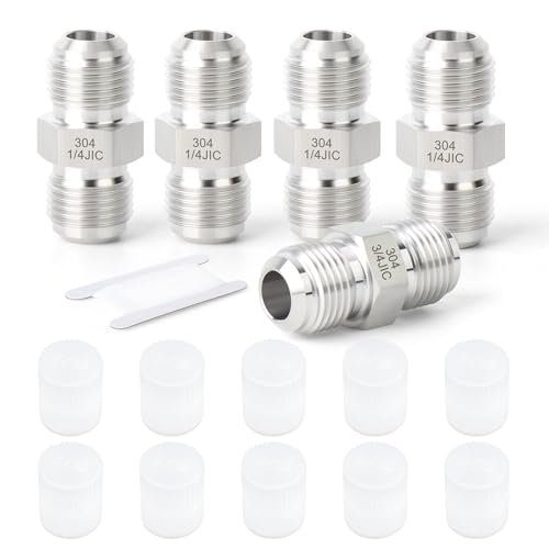 Image of TAISHER 5PCS Forging of 304 Stainless Steel JIC Flare Tube Fittings, 1 /4 inch JIC Male x 1 /4 inch JIC Male, Union