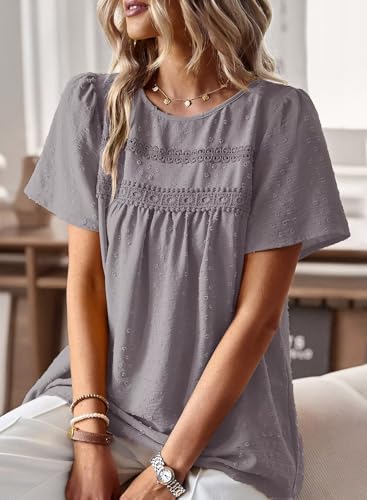 Image of Falechay Womens Summer Tops Crewneck Short Sleeve Shirts Casual Chiffon Blouses Flowy Lace Hem Boho Clothing Trendy 2026