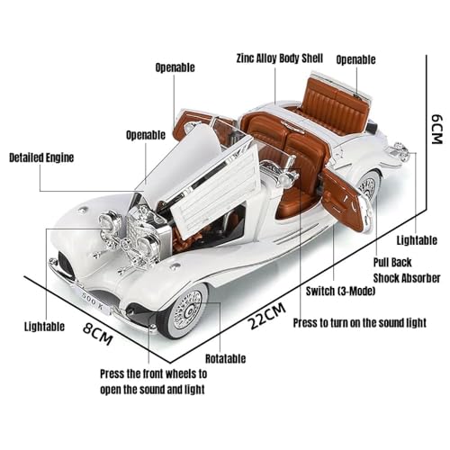 Image of 1:24 Benz 500K Toy Car Model, Diecast Collectible Pull Back Model Car with Sound and Light, Retro Classic Car Toy Gift Vehicles for Adults, Kids, Boys, and Girls (Silver)