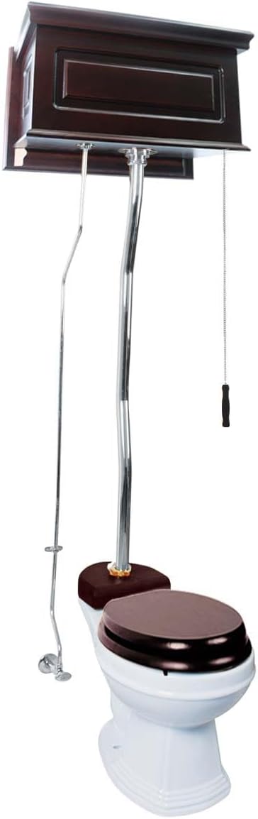 Renovators Supply Manufacturing High Tank Pull Chain Toilet With Dark Oak Wooden Raised High Tank 59 In. To 74 In. Adjustable Height Chrome Z Pipe And Round Toilet Bowl