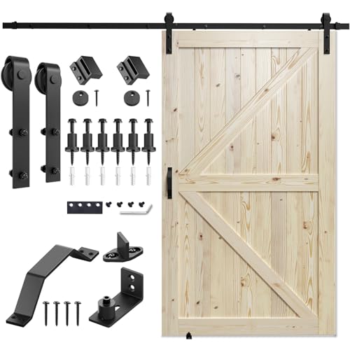 SMARTSTANDARD 42in x 84in Sliding Barn Door with 7ft Barn Door Hardware Kit & Handle, Pre-Drilled Ready to Assemble, DIY Unfinished Solid Spruce Wood Panelled Slab, K-Frame, Natural