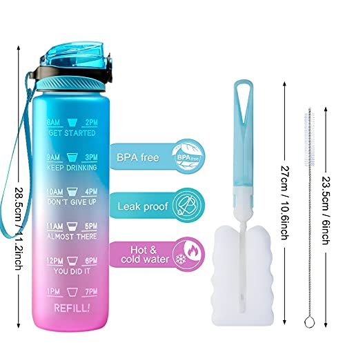 Drinkfles, 1 liter drinkfles met tijdsignalen, kunststof, blauw en roze met rietje voor kamperen, fietsen, sport, blauw en paars - Image 3